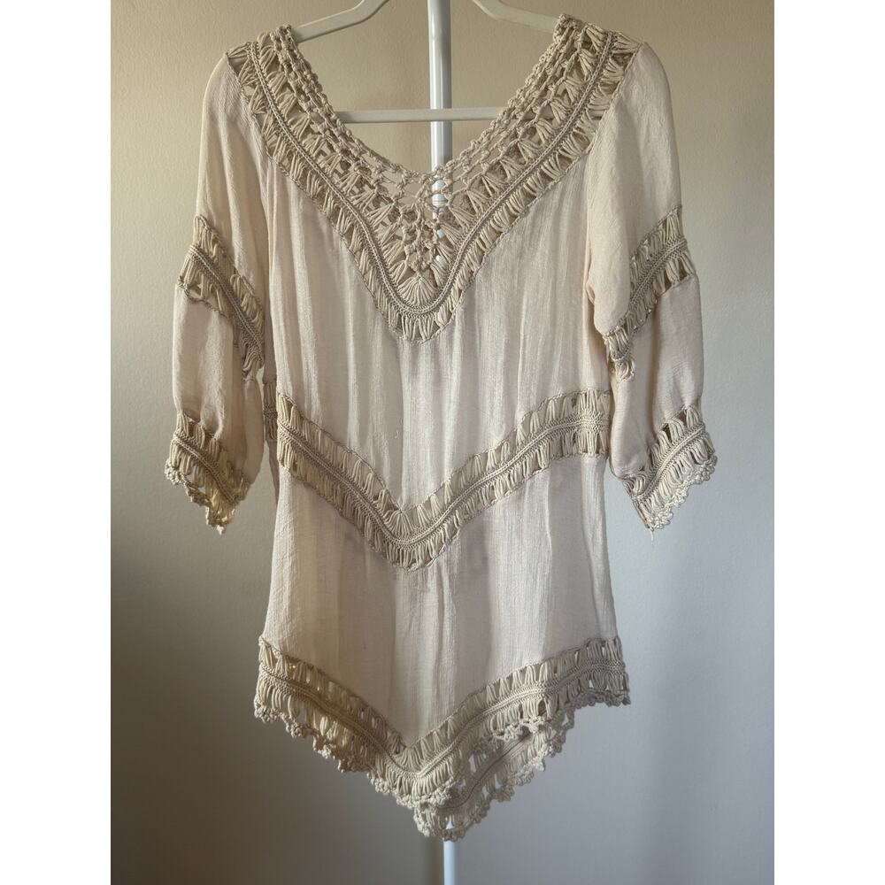 Bohemian Crochet Semi Sheer Coverup Top Layer Cream Renaissance - XS-M Beach - Picture 3 of 4